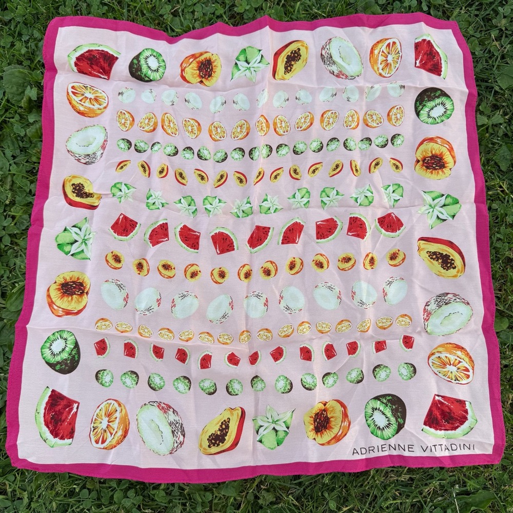 Adrienne Vittadini Silk Scarf OS Pink Fruit Print Watermelon Kiwi Papaya Square